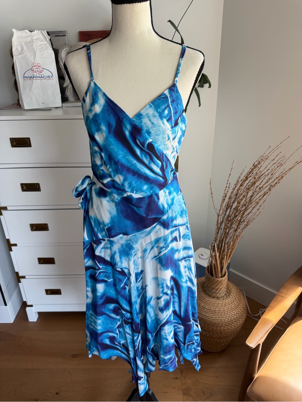 Nicole Miller Blue & White Marble Wrap Midi Dress